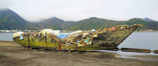 작년 11월 일본 교토부 마이즈루(舞鶴)시 오바세(小橋)항에서 발견된 북한 소형 목선의 모습이다. 길이 12m, 폭 3.1m 배 안팎에선 백골 상태 시신 9구가 발견됐다. 일본 전문가들은 북한 어민들이 무리하게 고기잡이를 하다가 표류돼 일본 서부 해안으로 떠밀려 오는 것으로 추정하고 있다. /마이즈루시