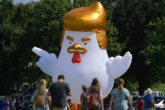 미국 워싱턴 D.C. 백악관 앞에 도널드 트럼프 대통령을 본뜬 거대한 닭 풍선이 설치됐다. /AFPBBNews=뉴스1