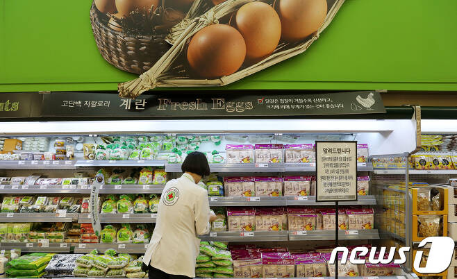 16일 오전 서울의 한 대형마트에서 판매가 중단돼 계란 대신 다른 식품이 진열된 계란 코너에서 품질감독관이 품질 점검을 하고 있다. 2017.8.16/뉴스1 © News1 박세연 기자