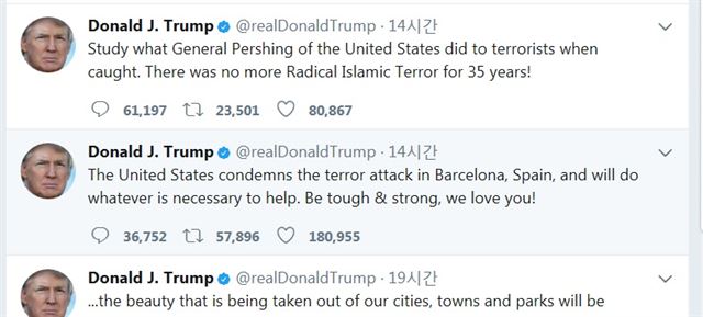 이슬람 테러리스트를 비판하기 위해 허구의 역사적 사실을 게시한 도널드 트럼프 대통령 트위터. 트럼프 트위터 캡처.