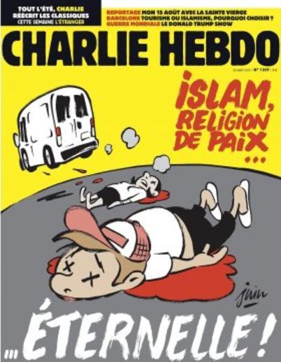 스페인 차량돌진 테러를 소재로 이슬람교를 조롱하는 듯한 만평을 게재한 주간지 샤를리 에브도 최신호 표지. 샤를리 에브도 홈페이지 캡처