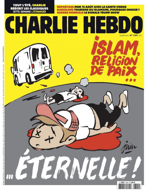 프랑스 주간지 샤를리 에브도 23일자(현지시간) 표지에 스페인에서 일어난 연쇄 차량테러가 연상되는 그림과 함께 “이슬람교, 영원한 평화의 종교”라는 문구를 적었다. 또 다시 이슬람 비판 풍자 만평을 실어 논란이 일고 있다. 샤를리 에브도 홈페이지