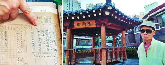 김은국의 빛바랜 목포중학교 학적부(왼쪽 사진), 박준상 시인이 용당동 세한루 앞에서 김은국 작가에 대해 설명하고 있다(오른쪽 사진).