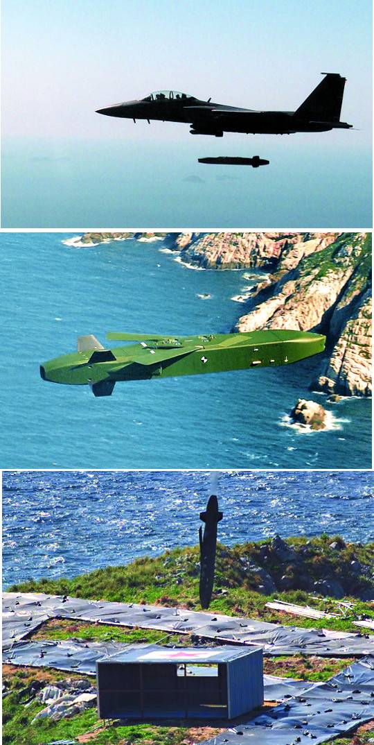 공군 F-15K 전투기가 12일 충남 태안반도 인근 서해 상공에서 장거리 공대지 유도미사일 타우러스를 발사하고 있다. 녹색 몸체의 타우러스가 자체 항법으로 고속 순항비행을 하며 목표물로 향하고 있다. 타우러스가 직도사격장에 설치된 목표물을 타격하기 위해 직각으로 내리꽂히고 있다(위 사진부터). 공군 제공