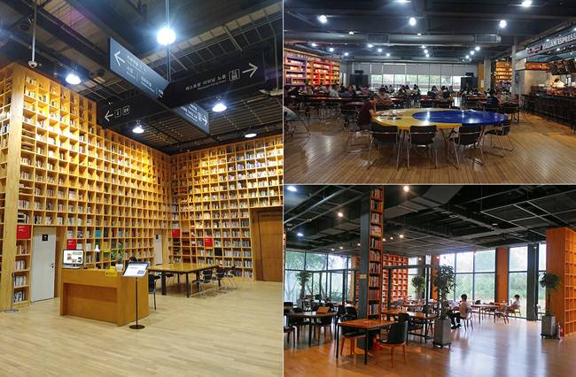 지혜의숲 내부 공간. 1관(사진 왼쪽)은 개인 기증자들 책을 소장해 서재 위쪽에는 보존용 책들이 주로 비치돼 있다. 2관(오른쪽 위)에는 카페가 있어서 식음료 섭취가 가능하다는 점, 3관(오른쪽 아래)은 24시간 개방한다는 게 특징이다.