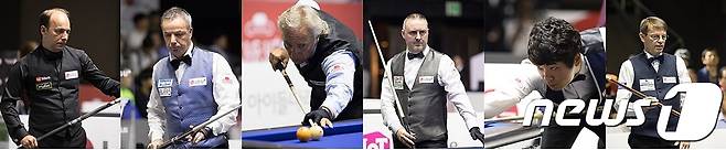 '2017 청주직지 세계3쿠션 당구월드컵'이 25일부터 다음달 1일까지 청주장애인스포츠센터에서 펼쳐진다. 사진 왼쪽부터 다니엘 산체스(스페인‧1위), 딕 야스퍼스(네덜란드‧2위), 마르코 자네티(이탈리아‧3위), 프레데릭 쿠드롱(벨기에‧4위), 김행직(한국‧5위), 토브욘 브롬달(스웨덴‧6위)2017.09.20/뉴스1 © News1 엄기찬 기자