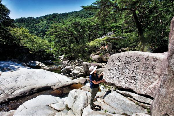 [월간산]공단 숲해설사가 홍류동 농산정 앞 계곡 마애석각을 가리키고 있다.