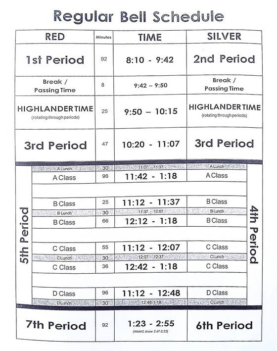 수업 시간과 점심 시간을 표시해 둔 학교 시간표 .