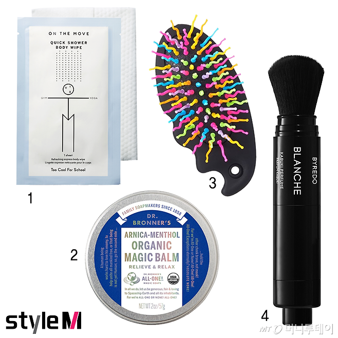 1. 투쿨포스쿨 '온더무브 퀵 샤워 바디 와잎' 2.닥터 브로너스 '아니카-멘톨 오가닉 매직밤' 3.바이레도 '가부키 퍼퓸' 4.아이캔디 '레인보우 젤리팝 브러쉬' /그래픽=마아라 기자