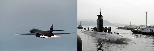 10일 한반도에 다시 출격한 B-1B '랜서'와 진해에 입항한 핵잠수함 '투산'.© News1