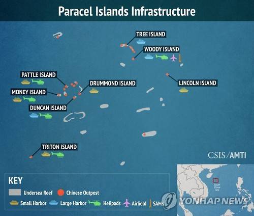 (홍콩=연합뉴스) 최현석 특파원 = 10일 현지 언론에 따르면 미국 전략국제문제연구소(CSIS) 아시아해양투명성기구(AMTI)는 위성사진 분석 결과 중국이 영토분쟁 지역인 남중국해 파라셀 군도에 20개 전초기지를 확보하는 등 군사기지화를 가속화하고 있다고 밝혔다. 사진은 남중국해 파라셀 군도 내 중국 기반시설. 2017.2.10 [CSIS 웹사이트 캡처=연합뉴스]       harrison@yna.co.kr