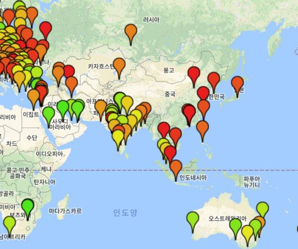 세계 주요 도시별 PIR 지수를 지도 위에 나타낸 것. 붉은색에 가까울 수록 부담이 높다는 의미. /자료=넘베오