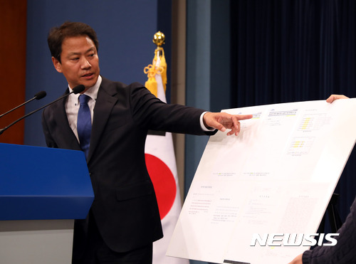 【서울=뉴시스】전진환 기자 = 임종석 대통령비서실장이 12일 오후 춘추관에서 '박근혜 정부에서 세월호 사고 당시 상황 보고일지 등이 사후 조작됐다'는 내용의 브리핑을 하고 있다. 2017.10.12.  amin2@newsis.com