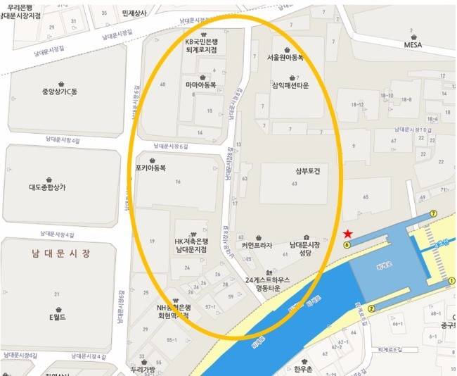 4호선 회현역 6번 출구로 올라오면 아동복 상가로 쉽게 진입할 수 있다. 사진=네이버 지도 캡쳐