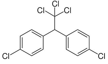 DDT의 분자구조. 염소(Cl) 성분이 들어있는 유기염소계 살충제다.