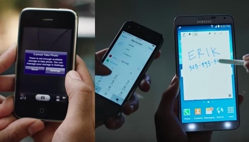 아이폰으로 사진을 찍다 저장공간이 부족하다는 메시지가 표시됐다(왼쪽), 여성과 전화번로를 교환하는 과정에서 아이폰5S와 갤럭시노트3의 모습. /삼성전자 모바일 USA 캡처