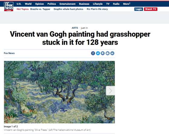 반고흐 그림 '올리브 트리'(좌)에서 발견된 128년 된 메뚜기 사체(우) [폭스뉴스 홈페이지 캡처]