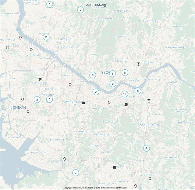 코인맵(http://coinmap.org)에 표시돼 있는 서울, 경기지역 비트코인 사용 가능 상점. 인터넷 캡처