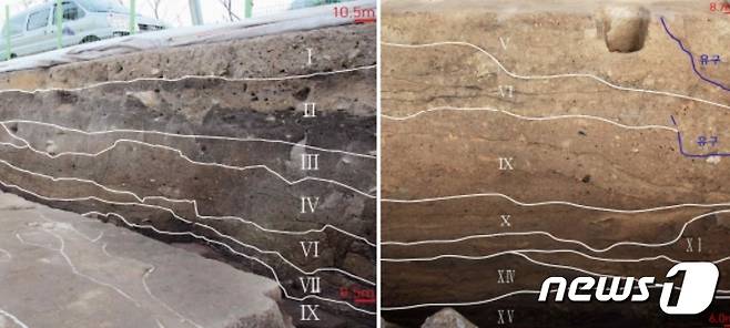 조사구역 층위 모습. ( Ⅱ: 현대 / Ⅲ: 조선 / Ⅳ: 통일신라 / Ⅴ~Ⅻ: 가야 / ⅩⅣ ⅩⅤ: 원삼국 시대)© News1