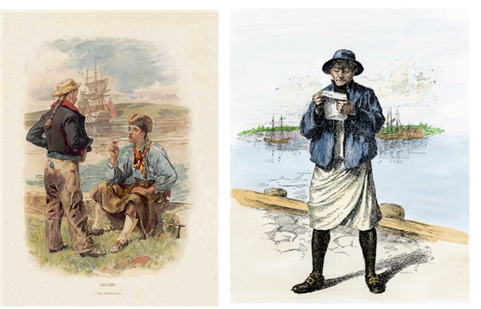 슬롭을 입은 영국 선원(18세기, 좌), 미국 선원(19세기, 우)의 모습