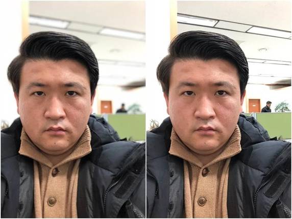 아이폰X 전면 카메라를 사용해 촬영한  인물모드(왼쪽)와 일반 모드(오른쪽)의 모습. 인물모드의 경우 배경을 흐릿하게 처리해 피사체를 부각시켜주는 느낌이 산다. /박성우 기자