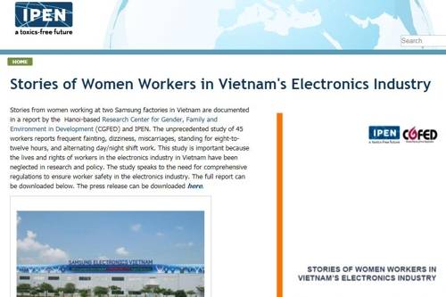 삼성전자 베트남 휴대전화 공장의 근로 여건을 문제 삼은 국제환경단체 IPEN의 보고서[IPEN 홈페이지 캡처]