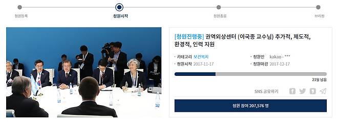 외상센터에 대한 정부 지원을 요청하는 청와대 국민청원 동의가 일주일 만에 20만명을 넘어섰다. [홈페이지 캡처]