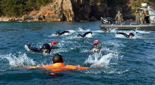 "인명을 구조하라"   (서울=연합뉴스) 해군 1함대 구조작전대(SSU) 대원들이 28일 동해상에서 인명구조훈련, 핀 마스크 바다수영훈련 등 강도 높은 해상구조훈련을 하고 있다.[해군 1함대 제공=연합뉴스]