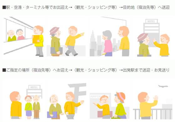 역, 공항, 터미널로 마중나가 목적지까지 데려다주거나, 호텔 등에서 픽업하여 공항까지 배웅해준다. [사진 berusapo.jp]