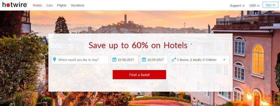 호텔 경매 사이트 핫 와이어. 프라이스 라인보다 가격대가 높지만 투숙 인원수를 다양하게 조정해 가격 검색이 가능하다.