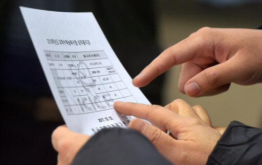 Students at Yeouido High School check their scores for the 2018 Suneung exam (Yonhap)