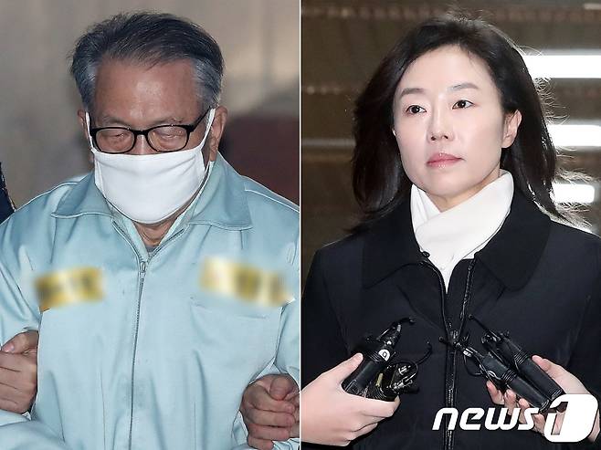 김기춘 전 대통령 비서실장(왼쪽)과 조윤선 전 문화체육관광부 장관이 19일 오전 서울 서초구 서울고등법원에서 열린 '문화계 블랙리스트' 관련 직권남용권리행사방해 등 항소심 결심공판에 출석하고 있다. 2017.12.19/뉴스1 © News1 민경석 기자,이재명 기자