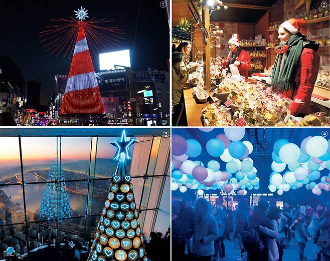①‘부산크리스마스트리문화축제 2017’이 열리는 부산 중구 광복로 일대. ②서울 크리스마스 마켓’에 설치된 프랑스 전통 오두막에서는 프랑스인들이 직접 공예품과 먹거리를 팔아 잠시 한강인지 외국인지 헷갈린다. ③서울 잠실 롯데월드타워 전망대 ‘서울스카이’에 설치한 트리는 ‘세계에서 가장 높은 곳의 트리’로 화제다. ④청계천변에서 진행 중인 ‘서울 크리스마스 페스티벌 2017’의 베스트 포토존./이경호 영상미디어 기자·서울스카이·서울 크리스마스 페스티벌