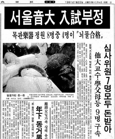 1991년 1월 21일자 "서울음대 입시 부정"이란 제목의 중앙일보 기사