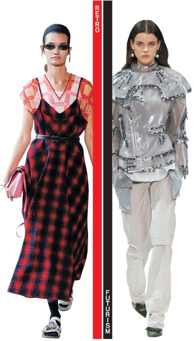2018 봄·여름 컬렉션 중 미우미우의 레트로 무드가 담긴 패턴 드레스(왼쪽)와 발렌티노의 미래지향적인 컬렉션(오른쪽). 위 작은 사진은 샤넬의 광택나는 소재 코트와 투명한 레인부츠 및 모자.   각 브랜드 룩북