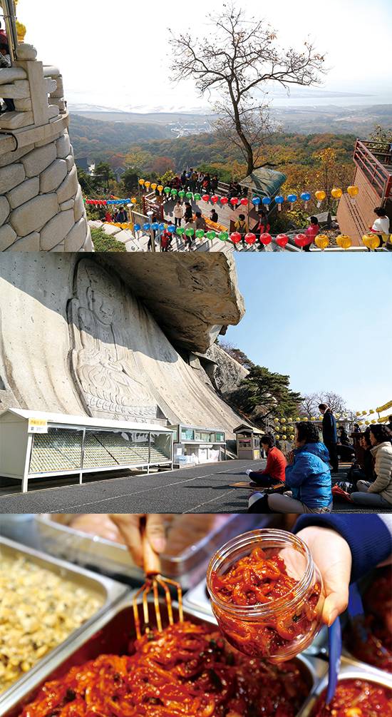 보문사 눈썹바위에서 바라본 풍경, 보문사 마애석불좌상 앞 기도하는 신자들, 외포항젓갈시장,꾹꾹 눌러담고 있는  오징어젓갈(사진촬영 길지혜)