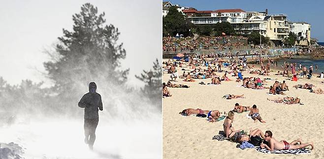 미 뉴저지주 저지시티의 리버티 스테이트 공원에서 6일 한 남성이 조깅을 하는 가운데 강풍으로 그동안 쌓였던 눈이 눈보라를 일으키고 있다(왼쪽). 남반구 호주 시드니 지역은 기온이 사상 2번째로 높은 47.3도까지 치솟는 이상열파로 신음하고 있다. 더위를 피해 해변으로 시민들이 몰렸다 - Newsis 제공