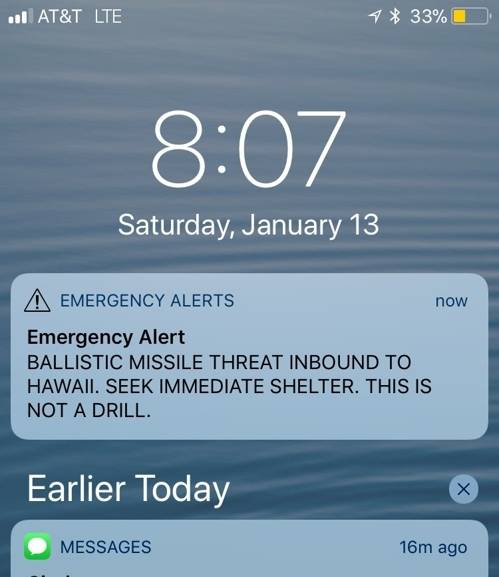 13일 하와이 주민과 관광객 등에게 일제히 전송된 ‘탄도미사일 공격 대피 긴급 경보’ [트위터 캡처=연합뉴스]
