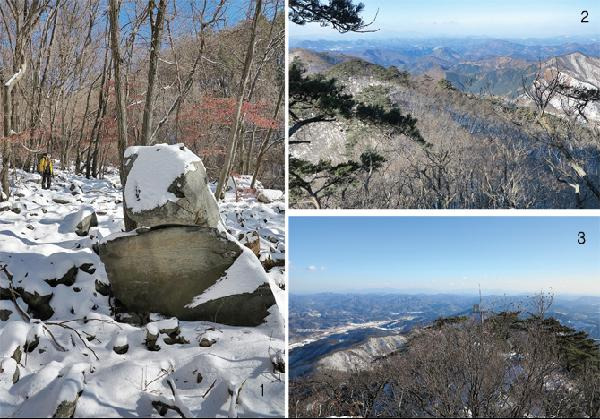 [월간산]1 중원계곡 화전 터 삼거리에서 4분 올라간 곳인 얹혀 있는 바위.  2 정상에서 북으로 본 싸리봉(왼쪽)에서 오른쪽 비슬고개로 이어지는 한강기맥. 비슬고개에서 오른쪽은 한강기맥과 송이재봉. 멀리는 장락산~소리산~종자산 등이다.  3 정상에서 동으로 본 송신탑. 송신탑으로 살짝 가려진 산은 괘일산이다. 송신탑에서 오른쪽으로 중원계곡 방면 남릉 길이 이어진다.