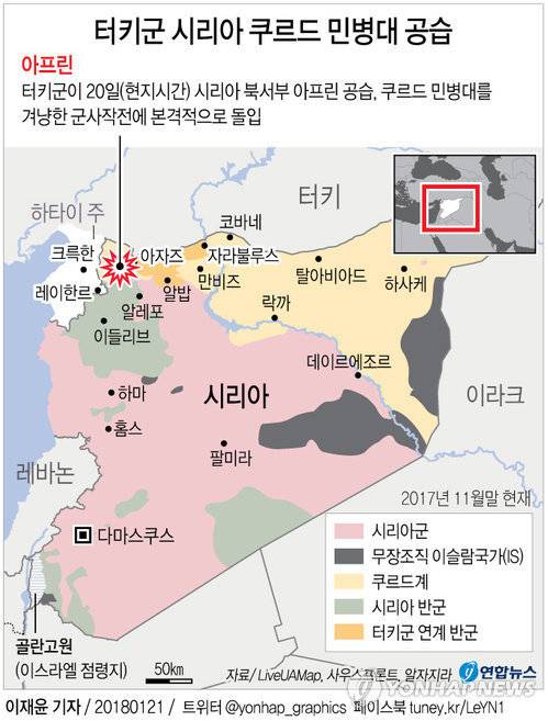 터키군의 시리아 쿠르드 민병대 공격 작전지대.
