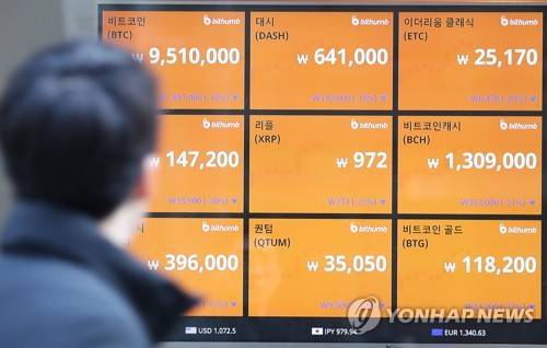 천만원 밑도는 비트코인 가격 (서울=연합뉴스) 신준희 기자 = 2일 오전 서울 중구 가상화폐 거래소 빗썸 전광판에 표시된 가상화폐의 대장 격인 비트코인 가격이 1천만원을 밑돌고 있다.     hama@yna.co.kr