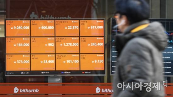 지난 주말 반등했던 가상통화(비트코인) 가격이 다시 하락해 900만원 초반대를 전전하고 있는 지난 5일 서울 중구 가상통화 거래소 빗썸에서 비트코인을 비롯한 가상통화 가격이 실시간으로 표시되고 있다./강진형 기자aymsdream@