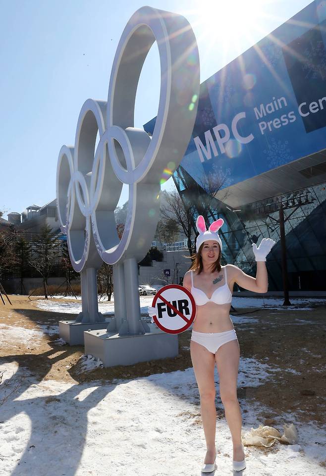 'FUR' 금지 피켓을 들고 있는 바니 걸. [연합뉴스]