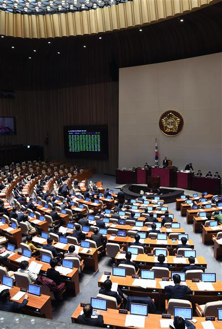 지난해 정기국회 마지막 날인 12월 8일 국회의원들이 국회 본회의장에서 법안을 의결하고 있는 모습. 국회는 이날 세무사법 등 총 46개 법률안을 처리했지만 국회에는 아직도 시급한 법안이 쌓여 있다. 이달 임시국회가 열리고는 있지만 주요 법안의 국회 통과를 장담할 수는 없는 상태다. 서울신문 DB