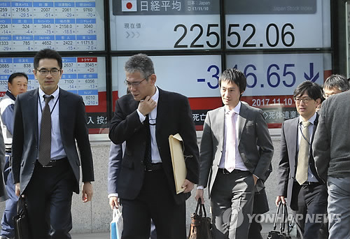 일본 도쿄의 한 증권사 증시 전광판 앞을 지나는 퇴근 길의 샐러리맨들[AP=연합뉴스 자료사진]