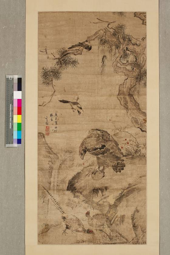 조선시대 심사정(1707~1769) 화가가 1768년도에 명나라 화가 임량(林良)의 그림을 참고해 그린 호취박토도(豪鷲搏兎圖). 보통 수리를 뜻하는 '취'자가 들어가면 수리, 매 응(鷹)자가 들어가면 매와 관련된 그림이다. 이 그림은 취자가 들어가 수리를 뜻하고 모양새도 매와 달라 수리에 가깝지만 조선시대 매를 이용해 사냥하는 풍습을 고려할 때 매를 표현한 것이라는 해석도 가능하다. [사진 국립중앙박물관]