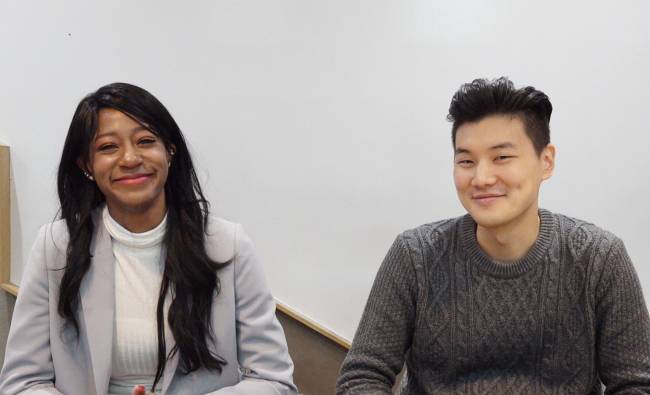 Whitney (left) and Kyu-ho talk with The Korea Herald on Feb. 7 at Google’s Campus Seoul. (Rumy Doo/The Korea Herald)
