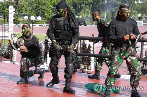 2018년 1월 24일 인도네시아 특수전사령부 소속 병사들이 자카르타의 육군 사령부를 방문한 제임스 매티스 미국 국방부 장관 앞에서 특공무술 시범을 보이고 있다. [AFP=연합뉴스]