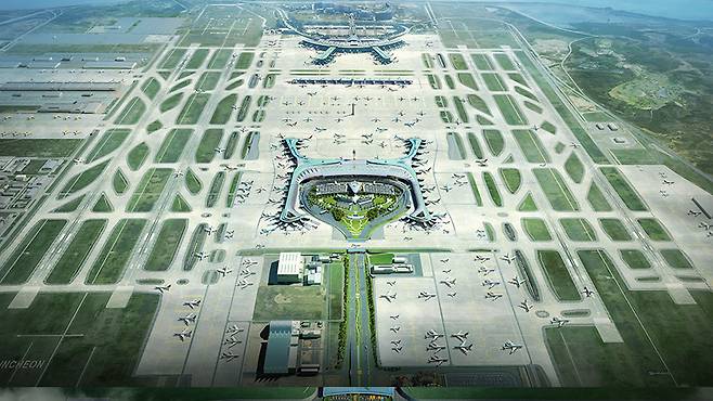 인천공항 4단계 확장 조감도. 왼쪽부터 2,1,3,4 활주로이며 4활주로는 설계 중이다. [사진 인천공항공사]