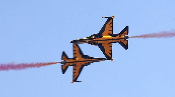 지난해 서울공항에서 열린 '서울 국제 항공우주 및 방위산업 전시회 2017(서울 ADEX 2017)'에서 공군 특수비행팀 '블랙 이글'이 화려한 곡예 비행을 선보이고 있다. [사진 뉴스1]